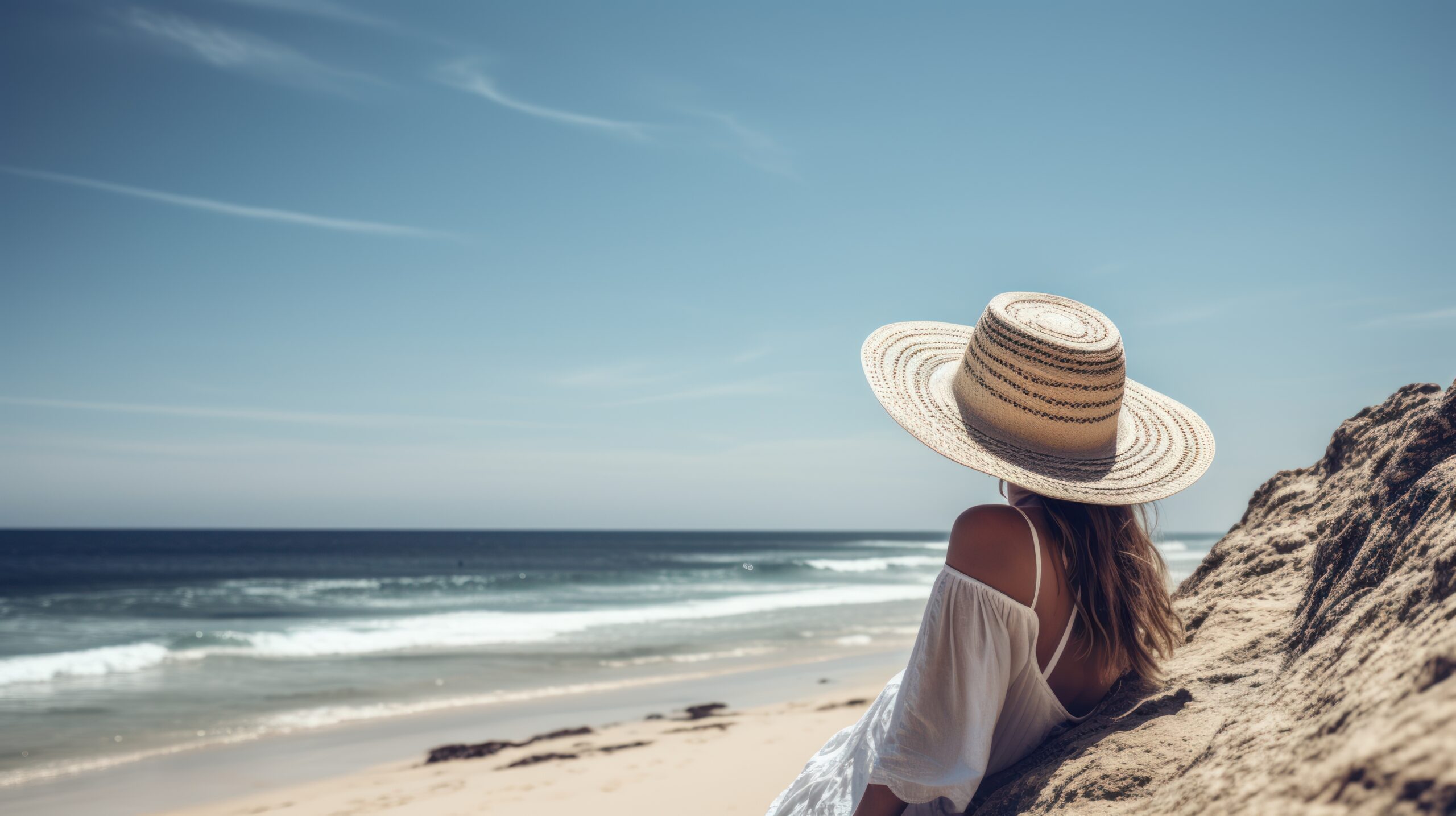 Young woman in hat and white dress sitting on the beach and looking at the sea, Generative AI